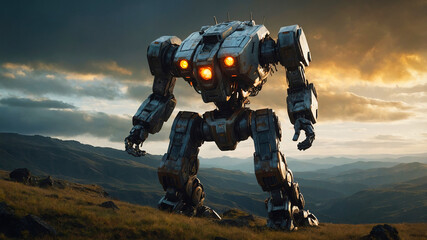 A giant futuristic mech robot in a mountainous landscape