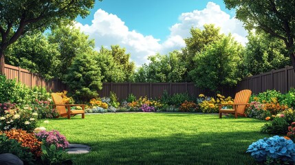 patio area backyard in the sun with trees a fence and a green lawn grassy backyard patio or courtyard in a suburban home cartoon chairs and table garden modern furnitur