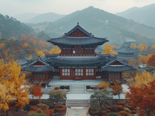 Fototapeta premium Stunning Autumn Korean Temple Mountain Landscape Asian Architecture