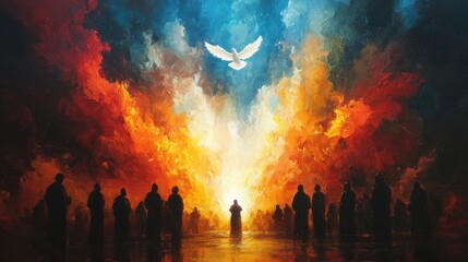 pentecost the descent of the holy spirit on the followers people in front of a bright fire with white dove up in the sky digital painting