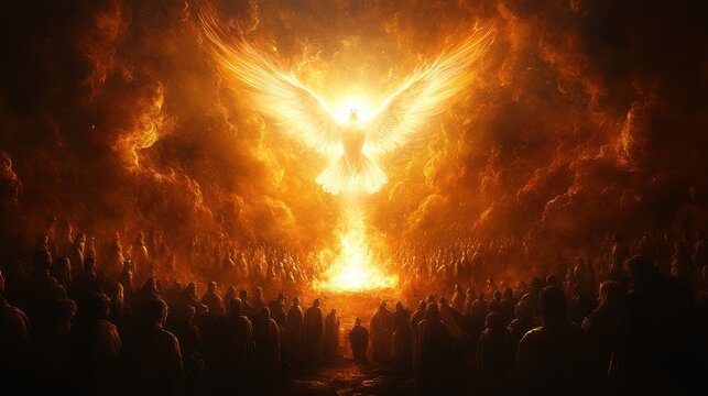 pentecost the descent of the holy spirit on the followers people in front of a bright fire with white dove up in the sky digital painting