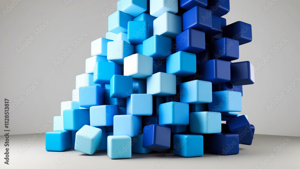 Poster abstract technology composition of a cluster of three-dimensional cubes in varying shades of blue