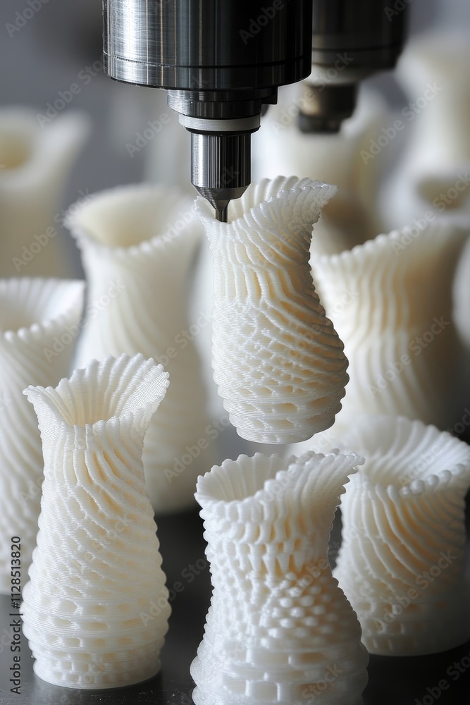Poster 3d printing in action white vases with intricate designs materializing under a precision machine