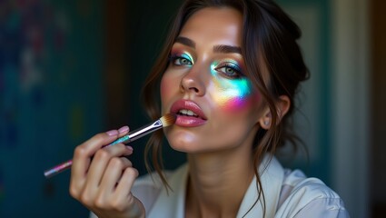 Fototapeta premium portrait of a woman makeup her self simple elegant outfit brush is painting her lips. stunning array of iridescent rainbow colors her face harmoniously 