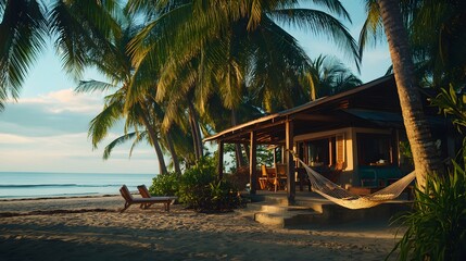 A rustic beachfront bungalow with a hammock swaying between palm trees.