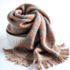 Obraz premium Textured knitted scarf artistically piled in a white bowl with fringed edges and soft colors, photography of still life concept.