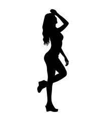 Woman sexy model standing pose full body on white background isolated black silhouettes.