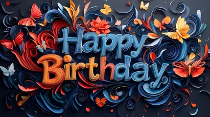 A vibrant kirigami design of "Happy Birthday," with letters crafted from galloping horses and fluttering butterflies, set against a dynamic background of swirling paper accents, hd precision,