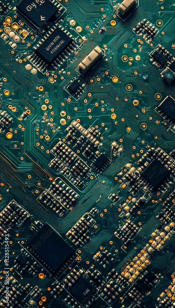 Poster close-up on an advanced printed circuit board, illuminating the complex world of technology