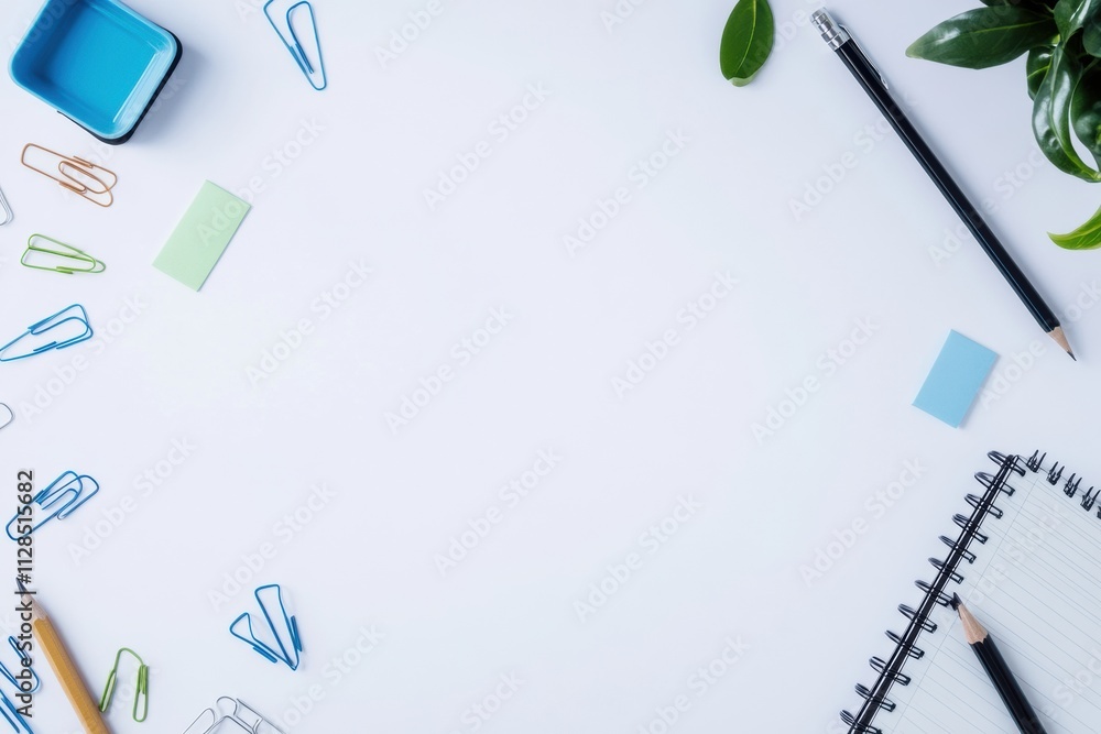 Aufkleber assorted office supplies like pens, pencils, sticky notes, and paper clips arranged neatly on a clea