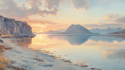 Fototapeta premium Serene Sunset Over Coastal Mountains And Calm Waters