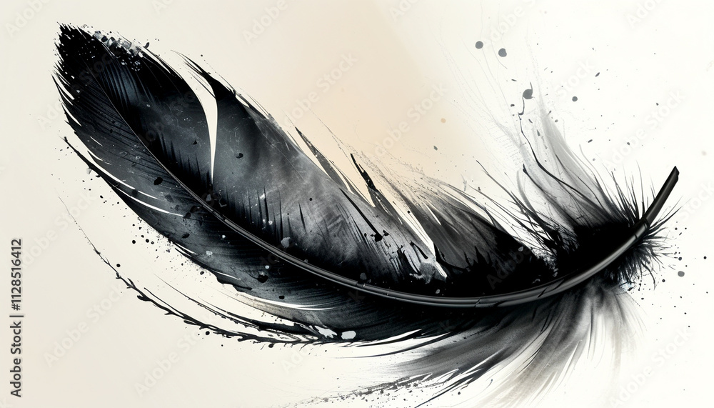 Poster delicate black feather surrounded by splashes of ink on a soft background