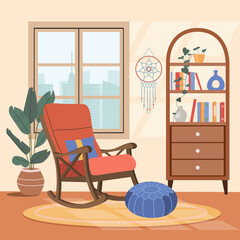 Fototapeta premium Living room interior. Comfortable chair, window, bookcase and house plants. Vector flat cartoon illustration