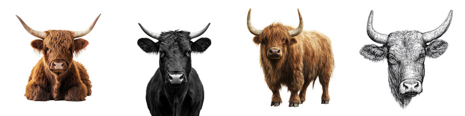 Collection of Majestic Highland Cattle Portraits   Hairy Scottish Longhorn Bovine Closeup Shots Showcasing Unique Textures Patterns and Profiles on Rural Farm Pasture or Meadow Backgrounds