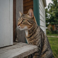 A tabby cat curiously inspecting a freshly painted house.