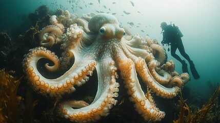 Giant White Octopus in Dynamic Underwater Scene