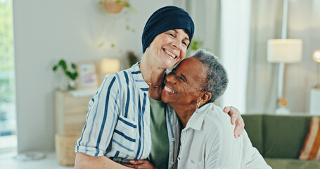 Senior women, happy and hug with cancer, recovery and excited with reunion, care and bonding in...