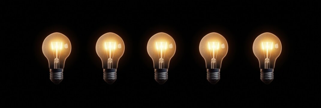 An artistic arrangement of five glowing vintage light bulbs set against a dark background, symbolizing innovation, creativity, and the beauty of light in design.
