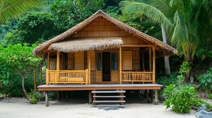 A traditional island-style beach bungalow made of bamboo and palm leaves.