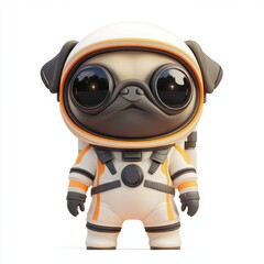 Cute Astronaut Pug in Space Suit and Helmet Isolated On White Background