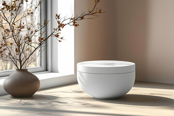 White Bowl on Beige Surface, Autumn Branches