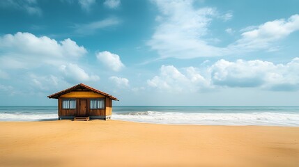 Obraz premium A tranquil beach bungalow surrounded by golden sands and gentle waves.