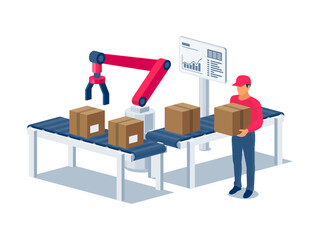 Assembly line industrial robot manipulating with parcel on conveyor belt table. Robotic arm on workstation with delivery man. Automated packaging distribution shipping system. Isolated vector on white