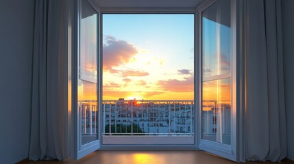 Sunset view from balcony French apartment window