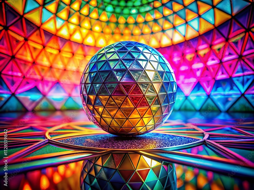 Poster abstract 3d rendering of a rotating spherical pyramid in a dynamic space, showcasing geometric patte