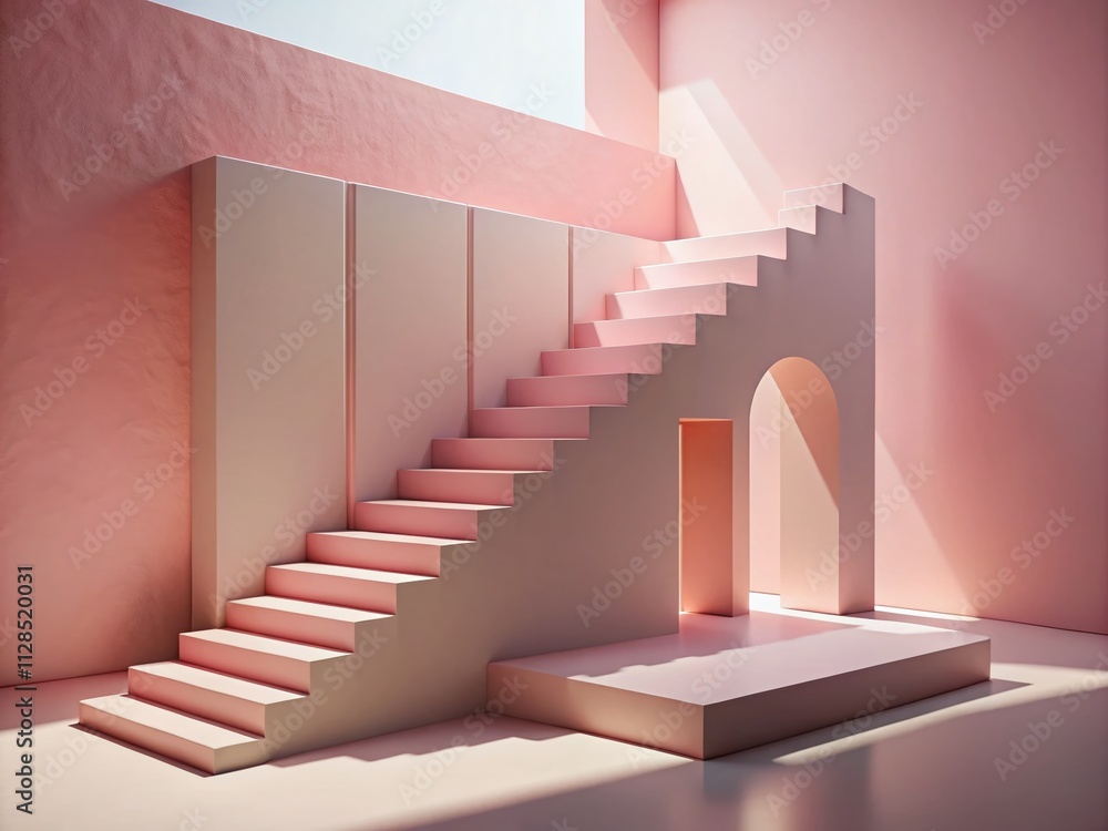 Poster abstract 3d render of pink stairs in pastel colors creating a minimal fashion podium scene with arch