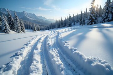 Snowy Mountain Path with Vehicle Tracks in Winter Forest