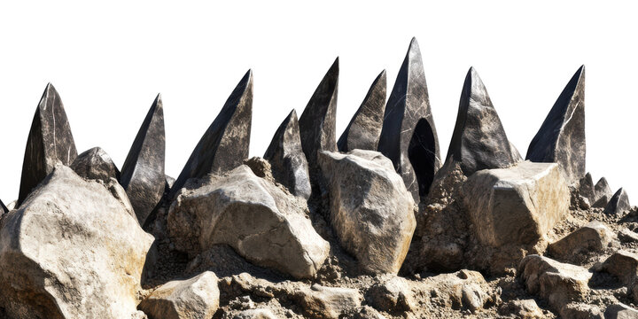 Jagged black rock formation with sharp edges isolated on transparent background - Powered by Adobe