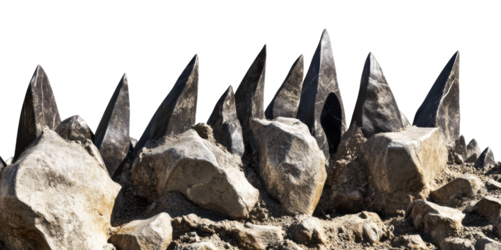 Jagged black rock formation with sharp edges isolated on transparent background