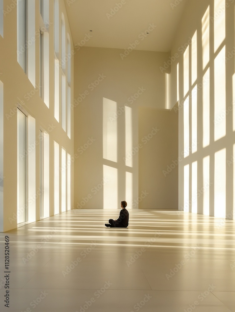 Fototapete a person sits in quiet contemplation on the floor of a spacious gallery, illuminated by gentle sunli