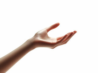 Sideview portrait of a woman&rsquo;s hand reaching out her hand on white background. Open a woman's hand, palm up. Studio photography for skincare, cosmetic or salon promotion