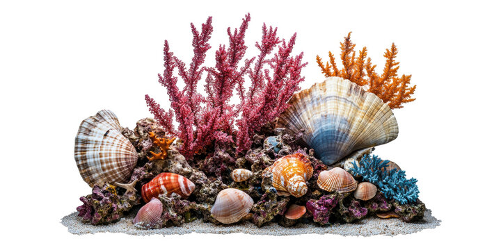Colorful seashell and coral arrangement isolated on transparent background