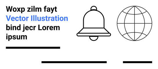 Notification bell, globe icon, placeholder text, black and blue colors. Ideal for websites, apps, user interfaces, presentations, newsletters, educational materials, social media Landing page