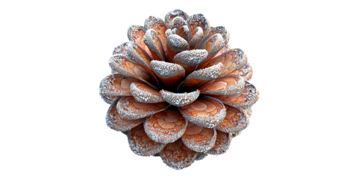 Brown pine cone with snow dusting isolated on transparent background