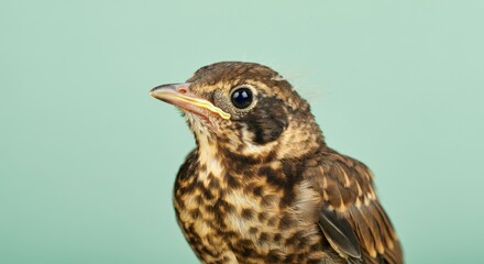 Fototapeta premium Detailed portrait of a young songbird with speckled plumage on a soft green background