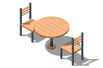 Isometric round table with chairs. Wooden round table. Isometric furniture. Vector illustration