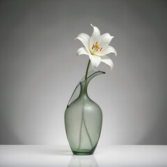 Delicate white lily in serene green glass vase against subtle background, photography of still life concept.