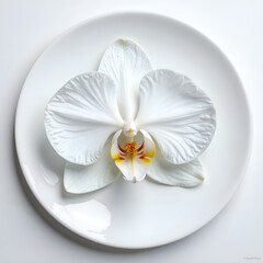 Captivating white orchid elegantly arranged on a minimalist plate, photography of still life concept.