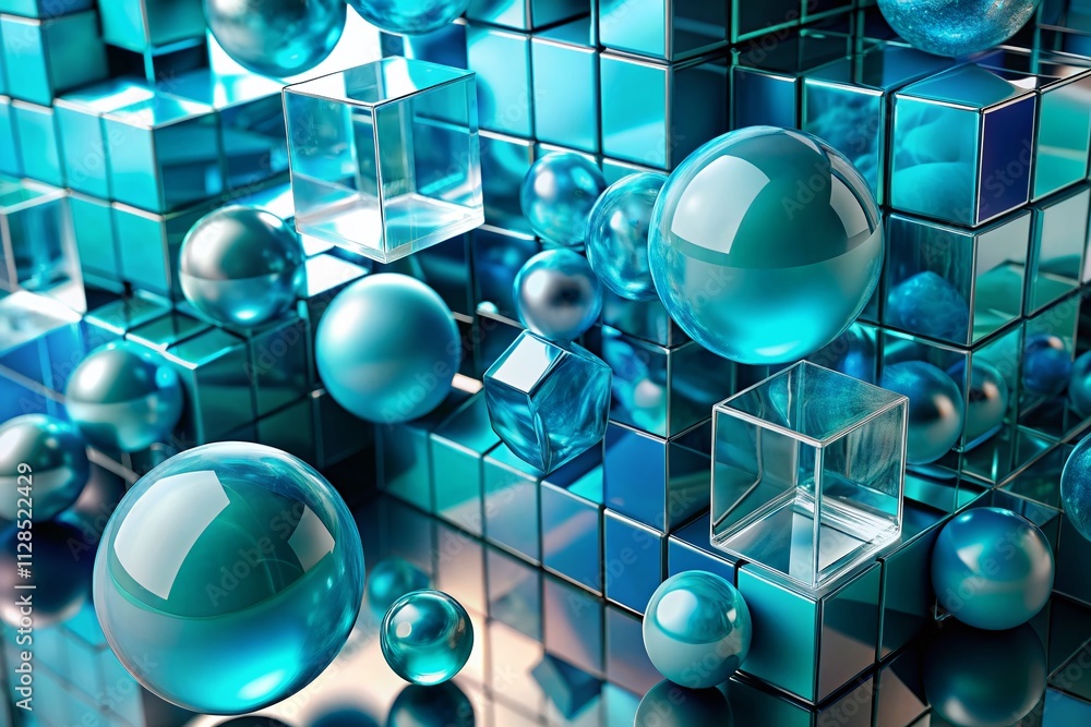 Poster abstract background of turquoise and blue spheres with cubes creating a geometric harmony in 3d rend