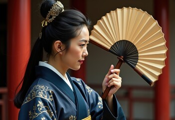 A young woman in traditional Japanese attire holds a folding fan.
