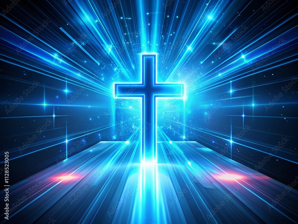 Poster abstract blue background with animated neon cross light in panoramic view for modern digital art and