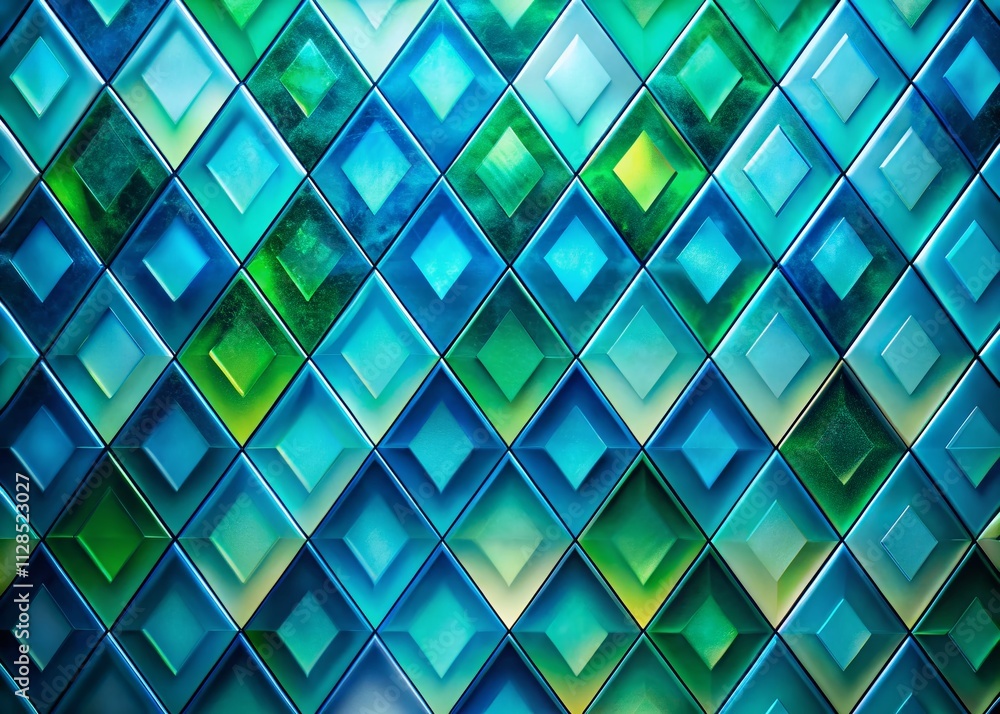 Poster abstract blue and green diamond pattern with gradient effect in tilt-shift photography style for uni
