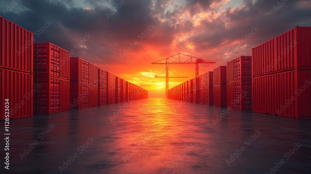 Poster red cargo containers with empty blank text for advertising template on crane in depot warehouse with