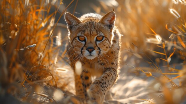 Serval Cat in Golden Grassland Wildlife Photography