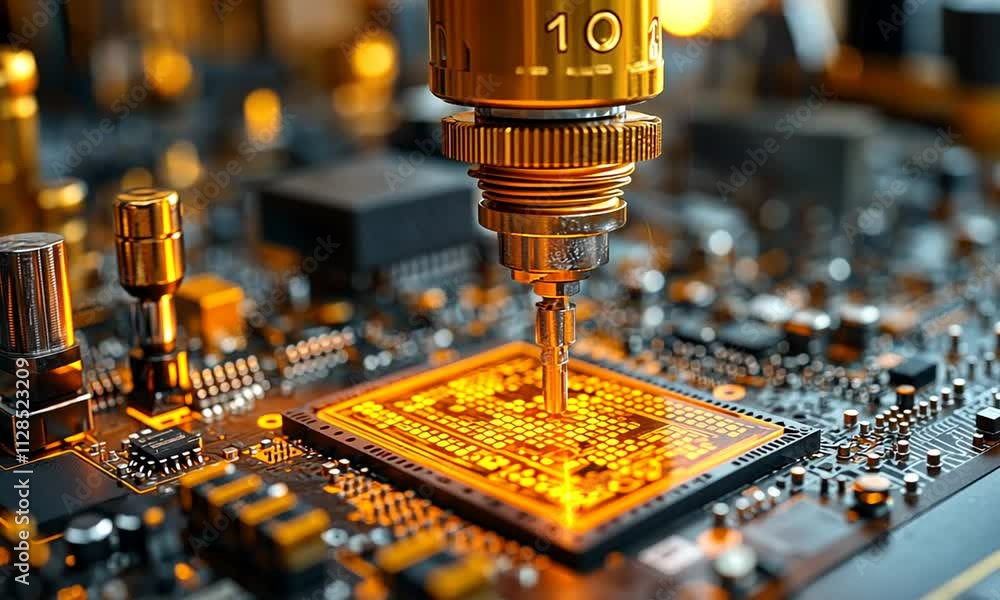 Poster a close-up of a circuit board with a focused component being manipulated.