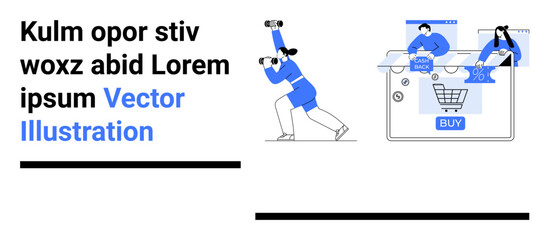 Individuals in blue interacting with digital shopping cart, binoculars, and searching illustration. Ideal for e-commerce, online shopping, internet navigation, digital marketing, consumer behavior